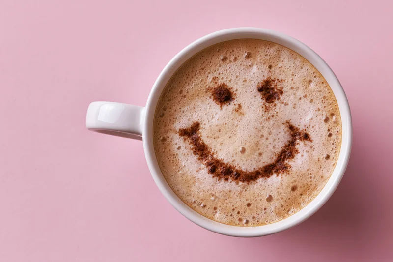 White ceramic mug filled with frothy cappuccino featuring a smiley face made of cinnamon on pink background