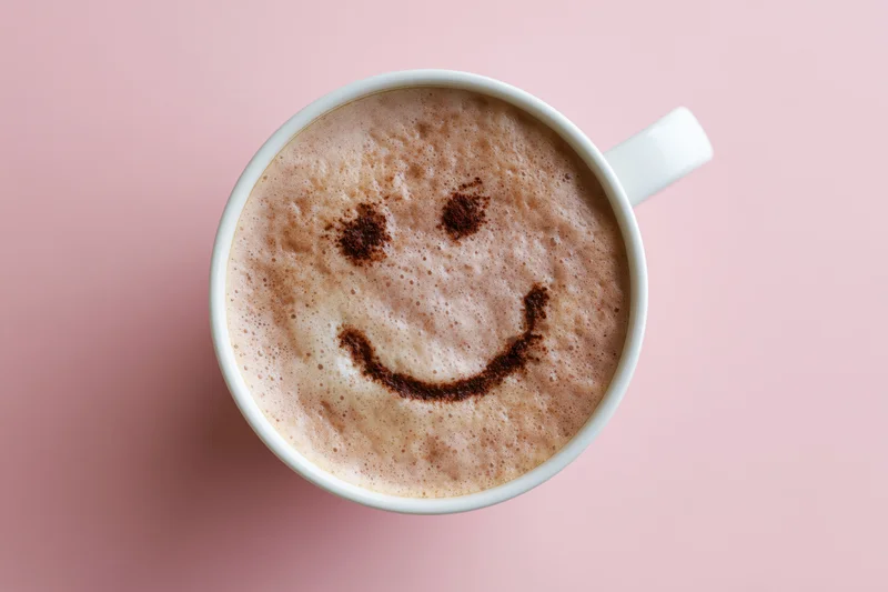White ceramic mug filled with frothy cappuccino featuring a smiley face made of cocoa powder on pink background