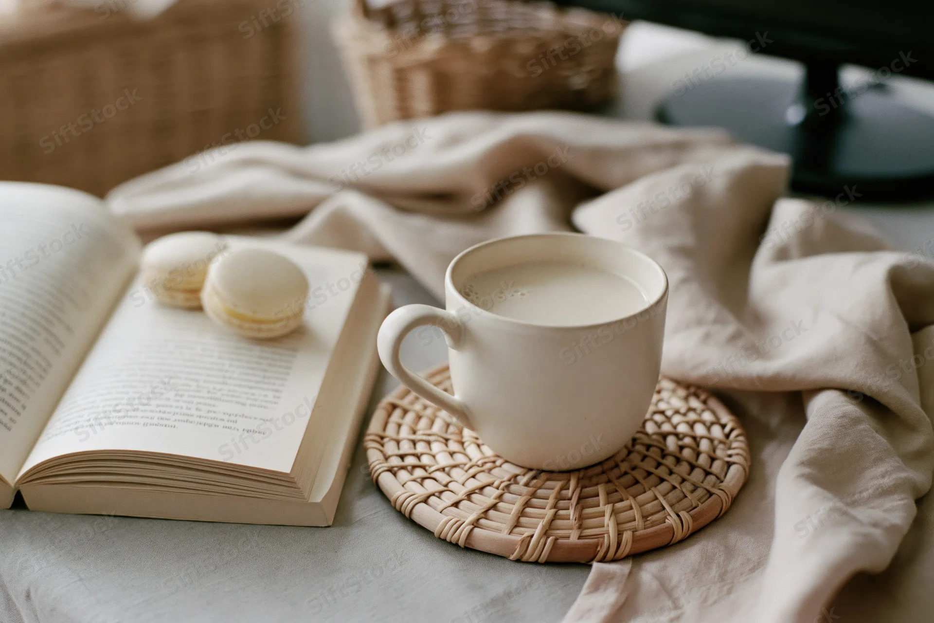 White ceramic mug of milky coffee on woven rattan trivet beside open book with macarons on fabric-covered table