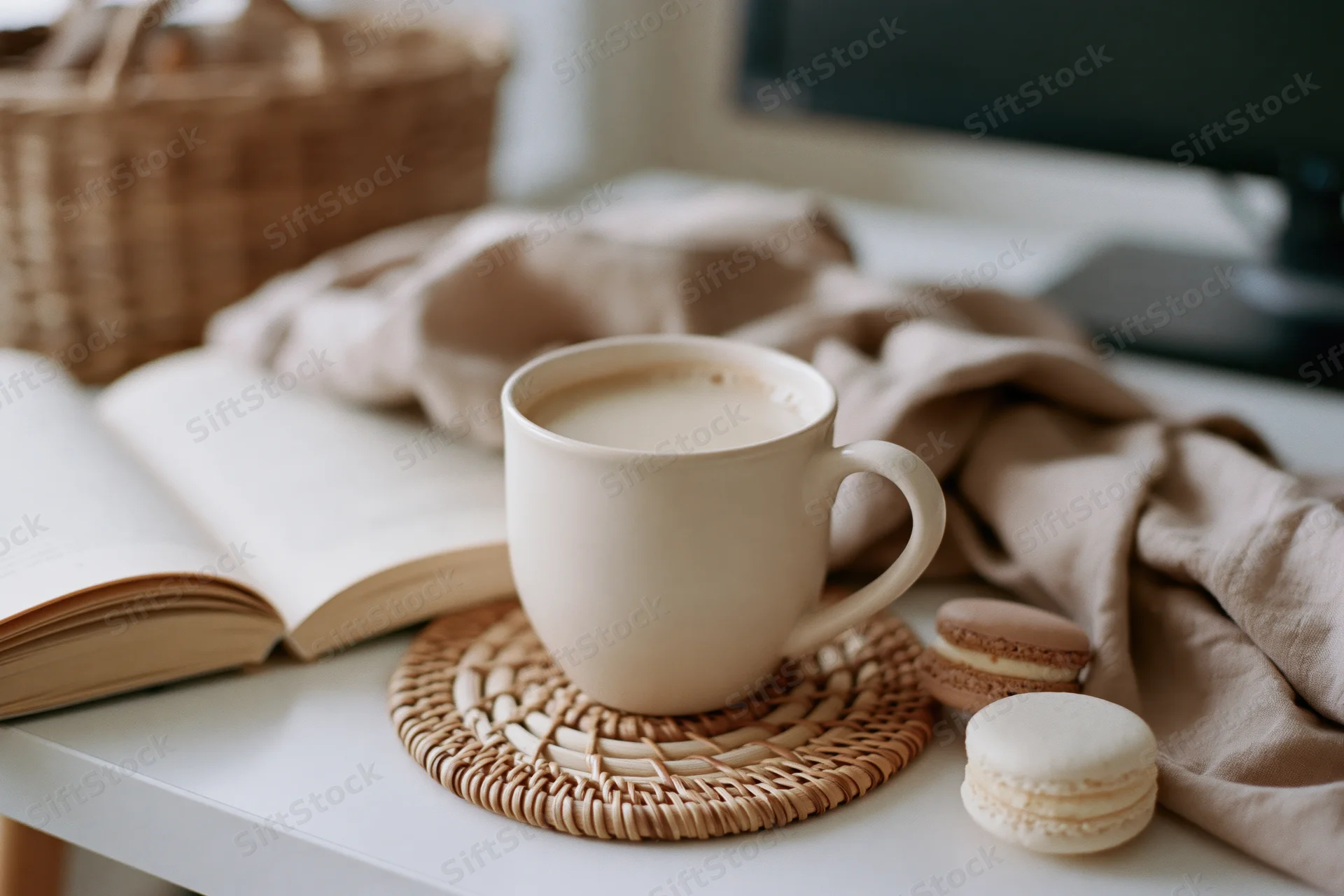 White ceramic mug of milky coffee on woven rattan trivet beside open book and macarons on desk