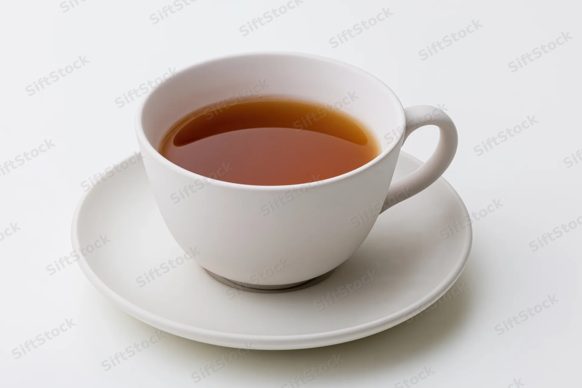 White ceramic tea cup filled with dark tea resting on saucer against white background