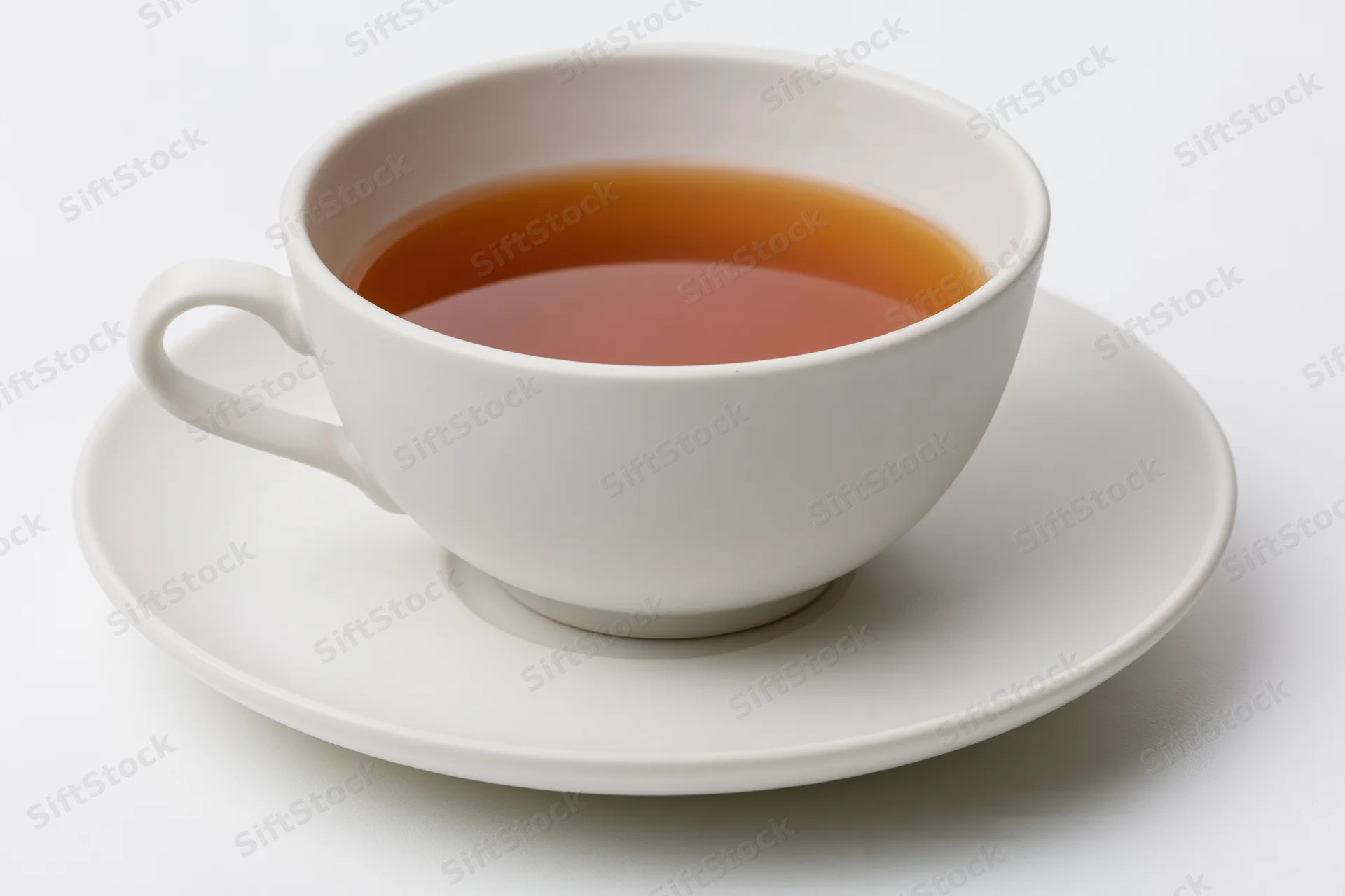 White ceramic tea cup filled with dark brewed tea resting on saucer against plain white background
