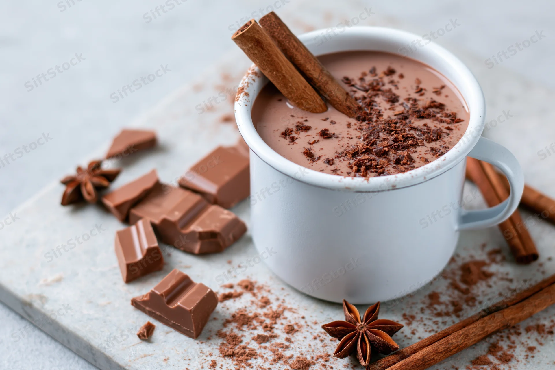 White enamel mug filled with thick hot chocolate topped with cinnamon sticks and cocoa powder on a marble slab with scattered chocolate pieces and star anise