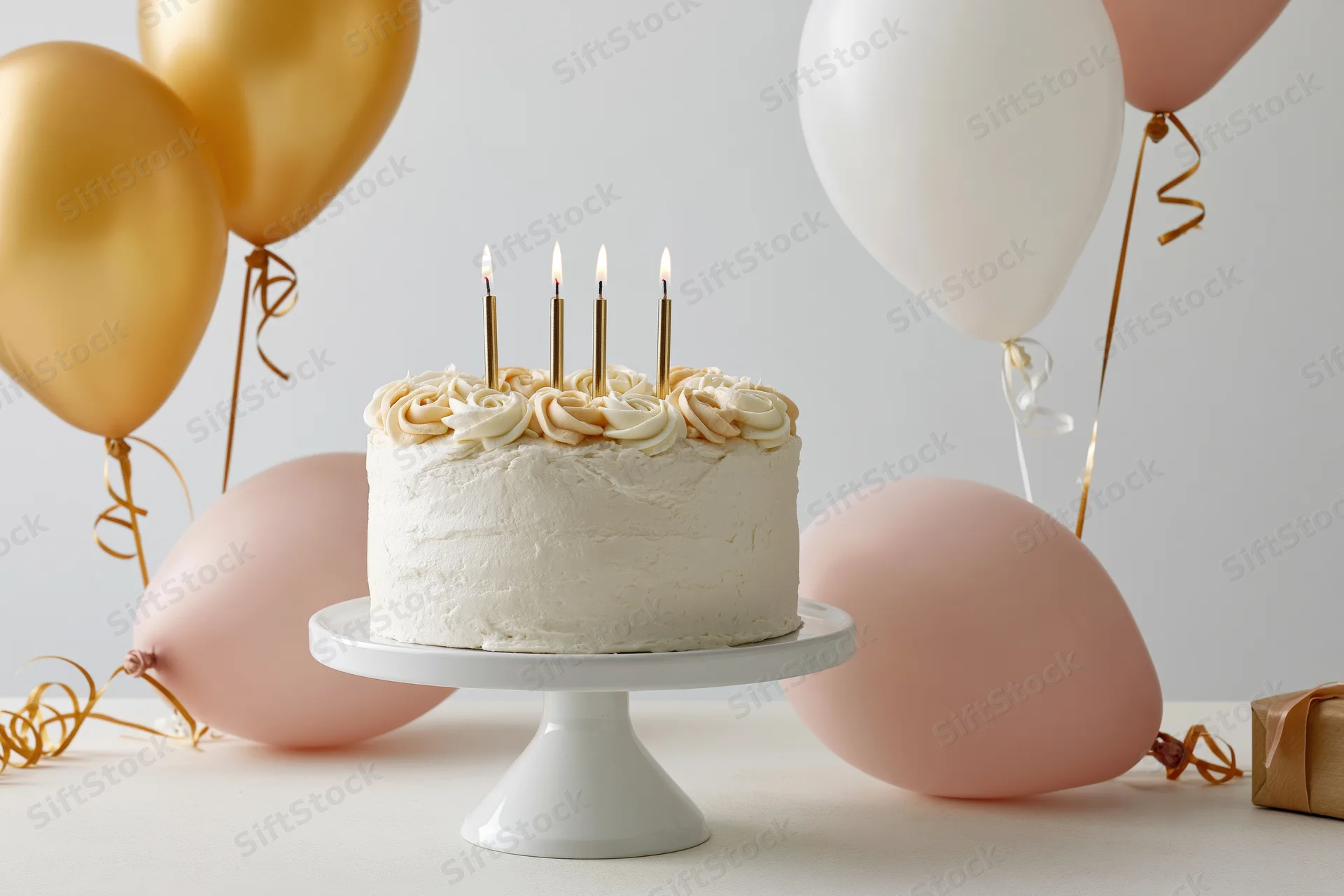 White frosted birthday cake with lit candles on a pedestal stand surrounded by gold and pink balloons and a wrapped gift