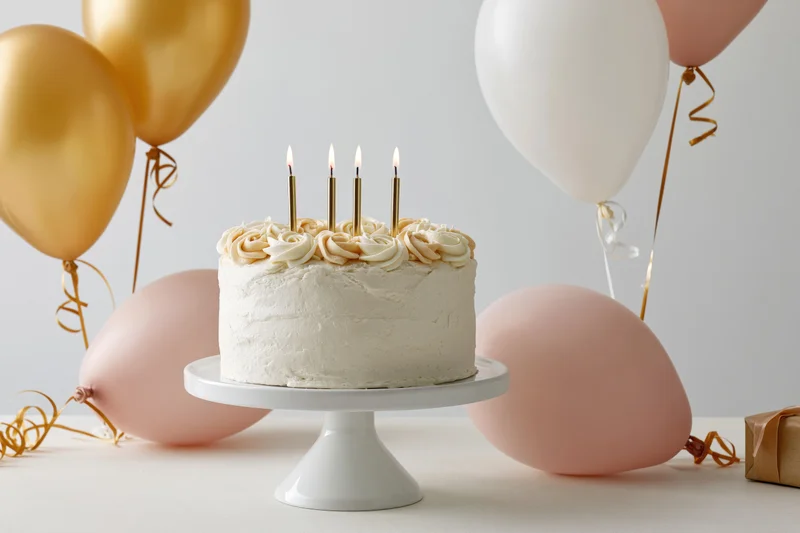 White frosted birthday cake with lit candles on a pedestal stand surrounded by gold and pink balloons and a wrapped gift