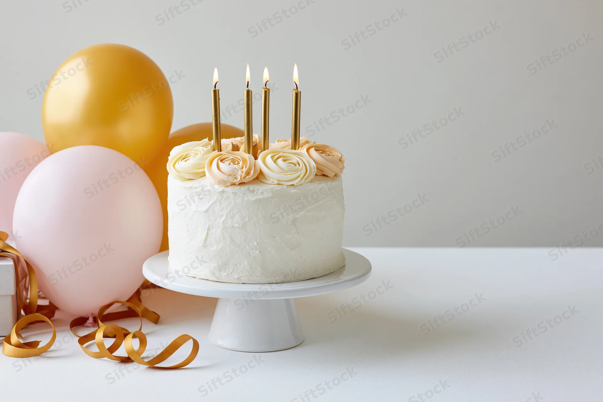 White frosted birthday cake with lit gold candles on a pedestal stand beside pink and gold balloons and ribbon