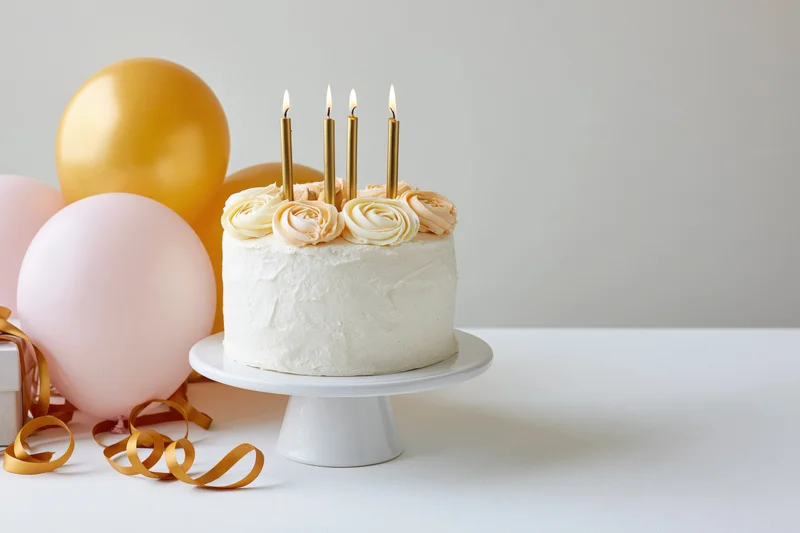 White frosted birthday cake with lit gold candles on a pedestal stand beside pink and gold balloons and ribbon