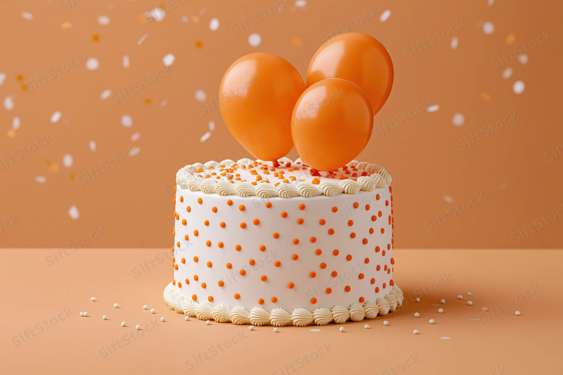 White frosted birthday cake with orange balloons and confetti on orange surface