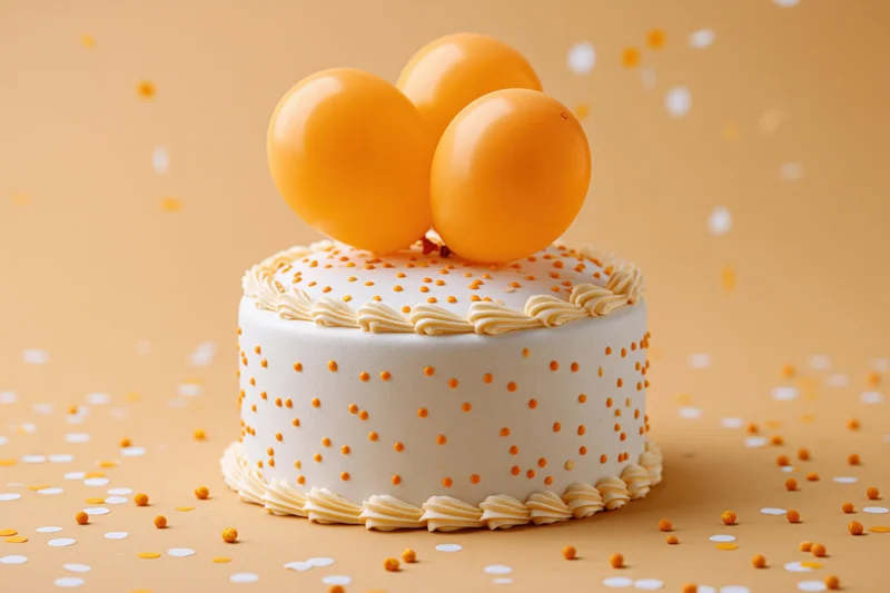 White frosted birthday cake topped with orange balloons on a plain surface with scattered confetti
