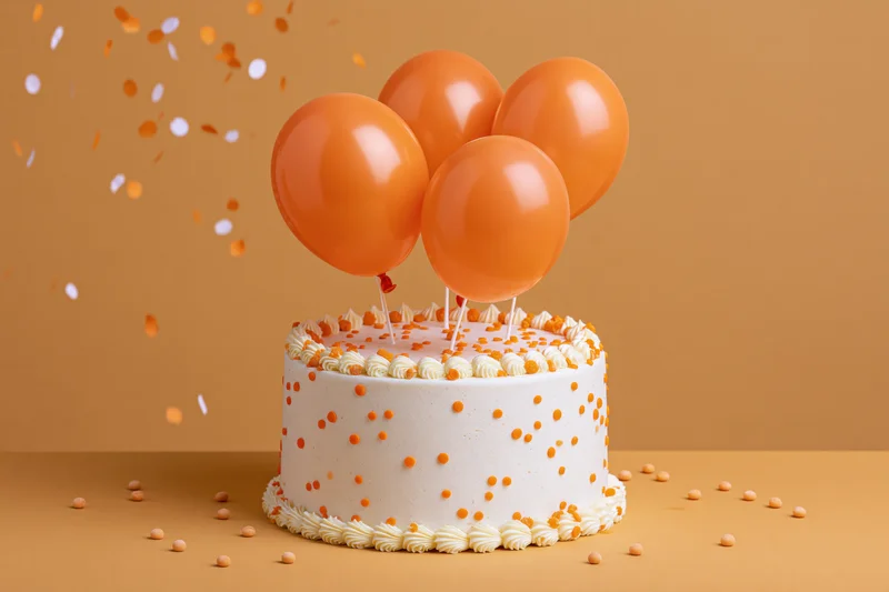White frosted birthday cake topped with orange balloons and confetti on a plain orange surface
