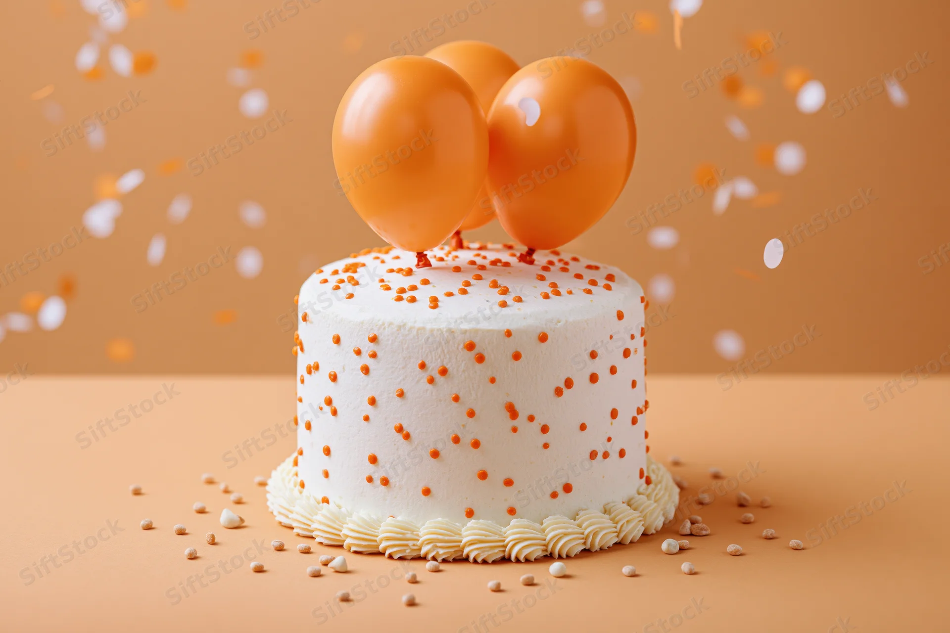 White frosted birthday cake topped with orange balloons on a table with falling confetti