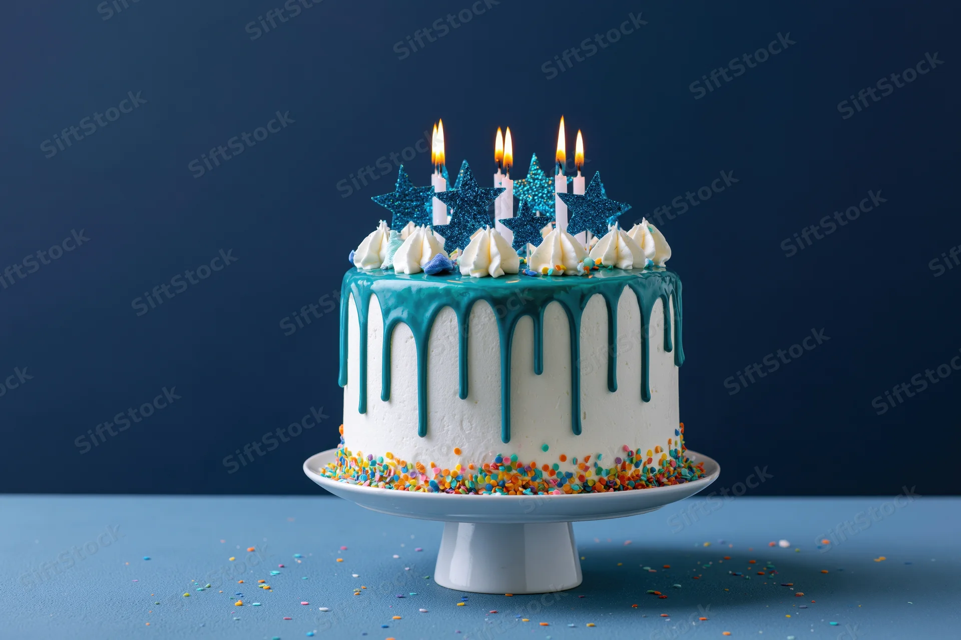 White frosted birthday cake with teal drip glaze and lit candles on a stand