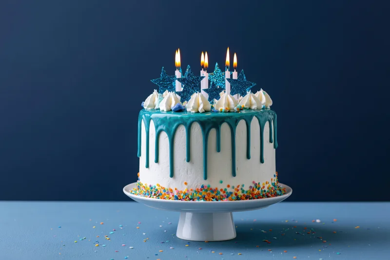 White frosted birthday cake with teal drip glaze and lit candles on a stand