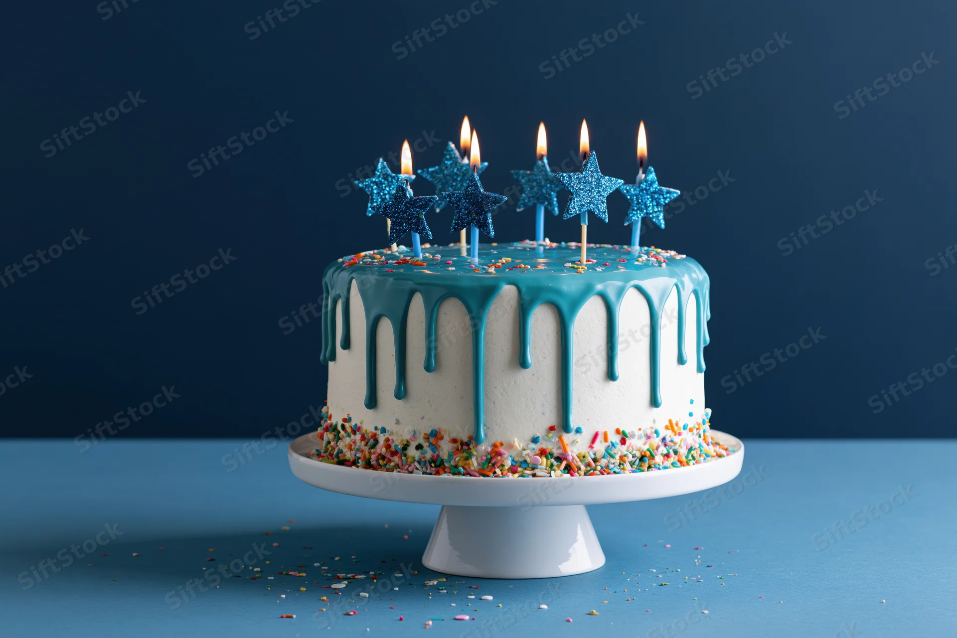 White frosted birthday cake with teal drip glaze and star candles on a cake stand against a blue background