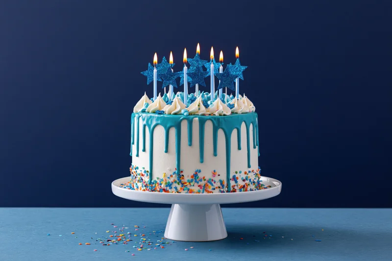 White frosted birthday cake with teal drip glaze and lit star candles on a cake stand against a blue background