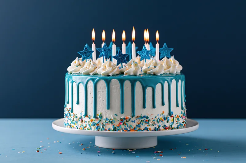 Birthday cake with teal drip glaze and lit candles on a cake stand
