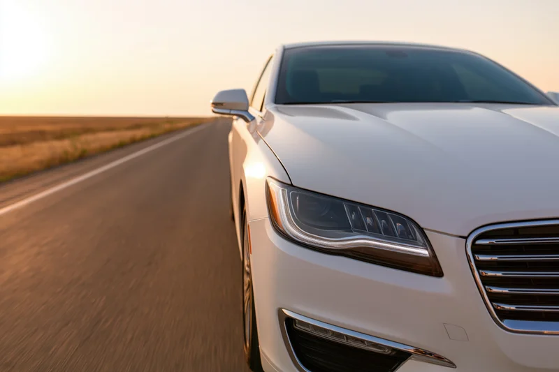 White luxury sedan driving on open two-lane asphalt road at sunset