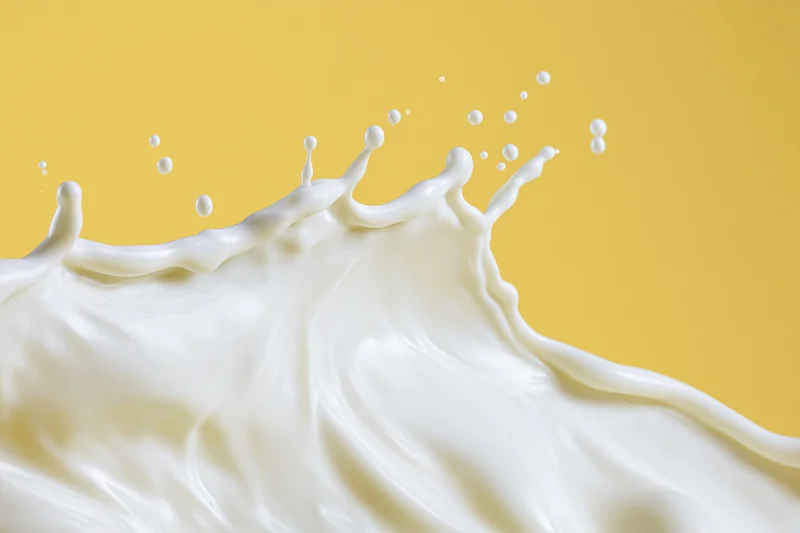 White milk splashing in a dynamic wave across the lower half against a yellow background
