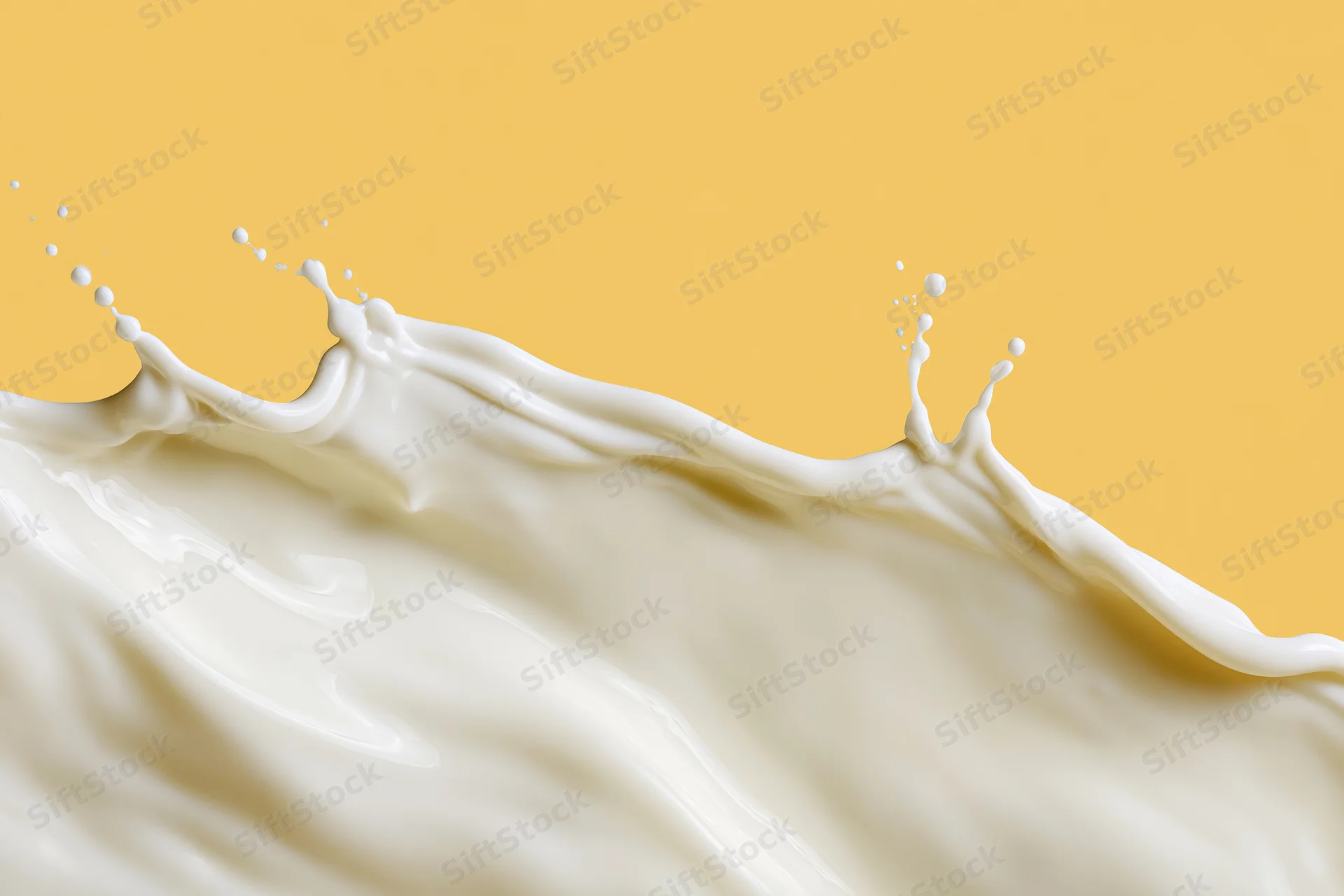 White milk splashing in a dynamic wave across the lower half against a yellow background
