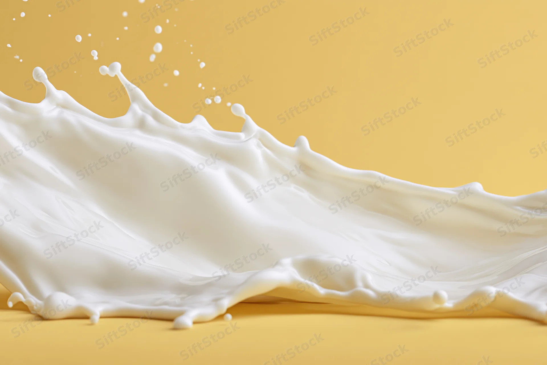 White milk splashing in a dynamic wave across a yellow surface