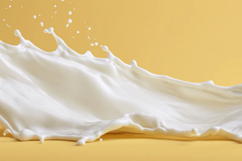 White milk splashing in a dynamic wave across a yellow surface