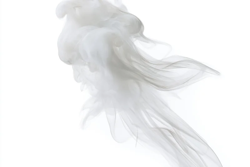 White smoke drifting and dispersing against a plain white background