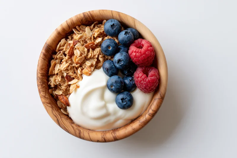 Wooden bowl with yogurt, granola, blueberries and raspberries on white surface