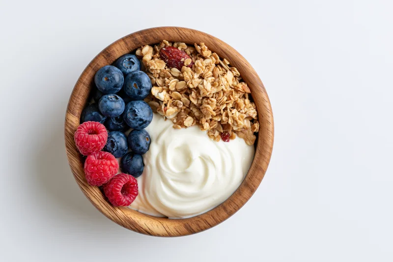 Wooden bowl with yogurt, granola, blueberries and raspberries on white surface