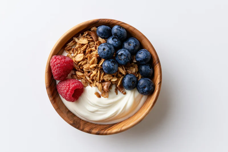 Wooden bowl with yogurt, granola, blueberries and raspberries on white background
