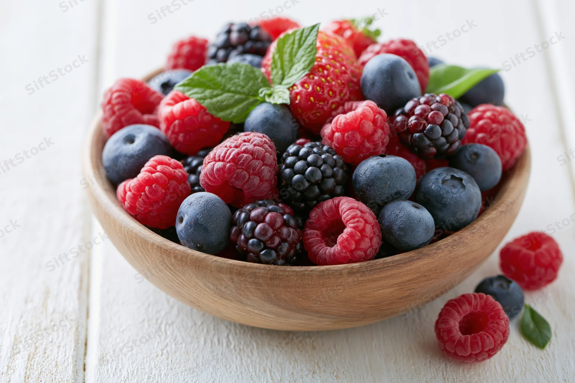 Wooden bowl filled with mixed fresh berries on white wooden surface