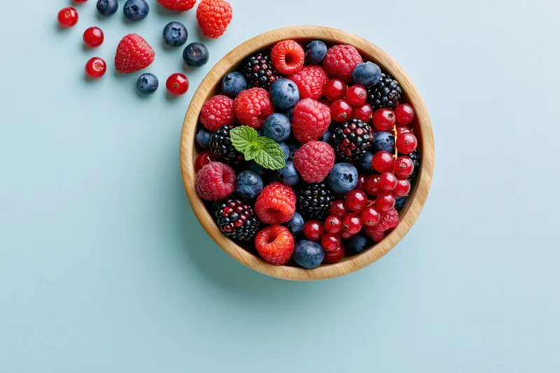 Wooden bowl filled with mixed fresh berries and mint on light blue surface