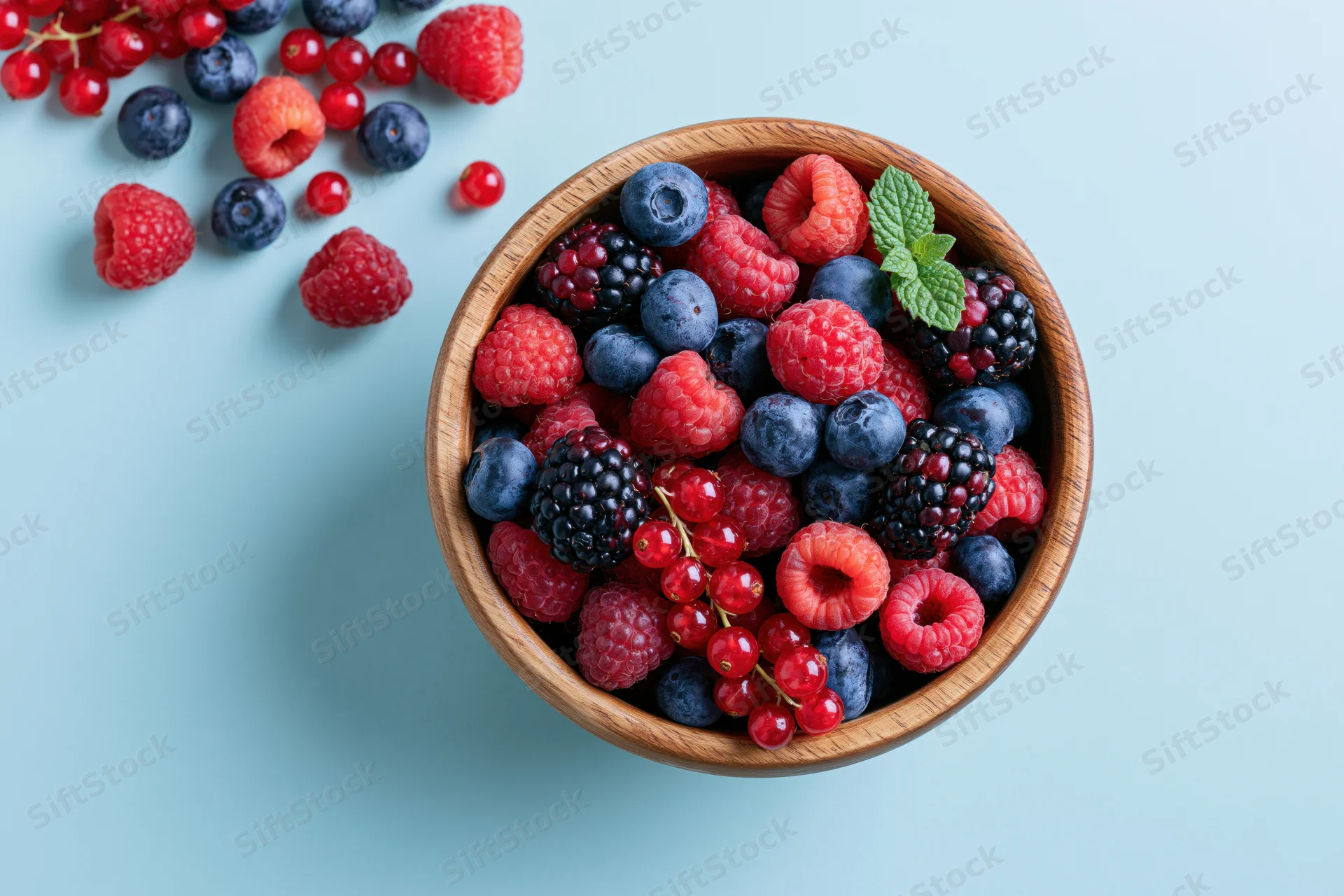 Wooden bowl filled with mixed fresh berries on light blue surface