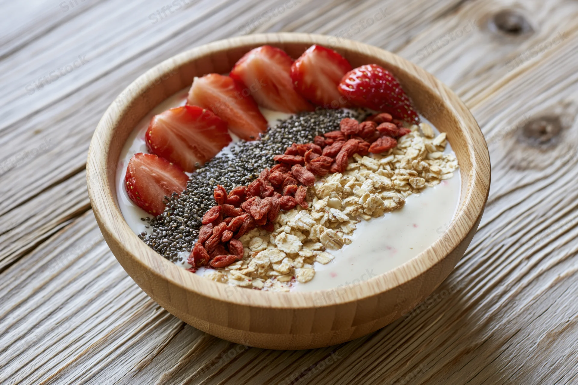 Wooden bowl filled with yogurt topped with diagonal rows of strawberries, chia seeds, goji berries, and oats on a rustic wooden table