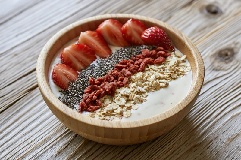 Wooden bowl filled with yogurt topped with diagonal rows of strawberries, chia seeds, goji berries, and oats on a rustic wooden table