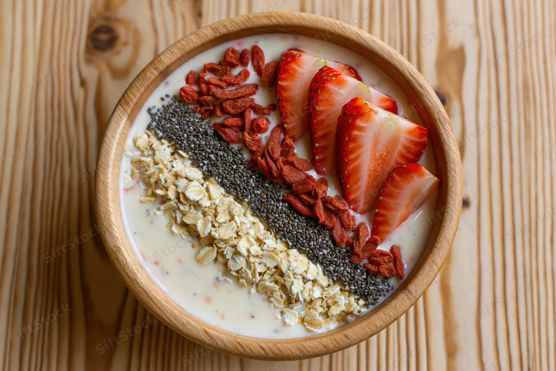 Wooden bowl filled with yogurt topped with diagonal rows of oats, chia seeds, goji berries and sliced strawberries on a wooden surface
