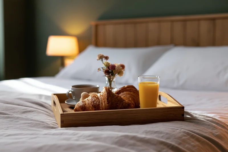 Wooden breakfast tray with croissants, coffee, and orange juice on a bed in a hotel room