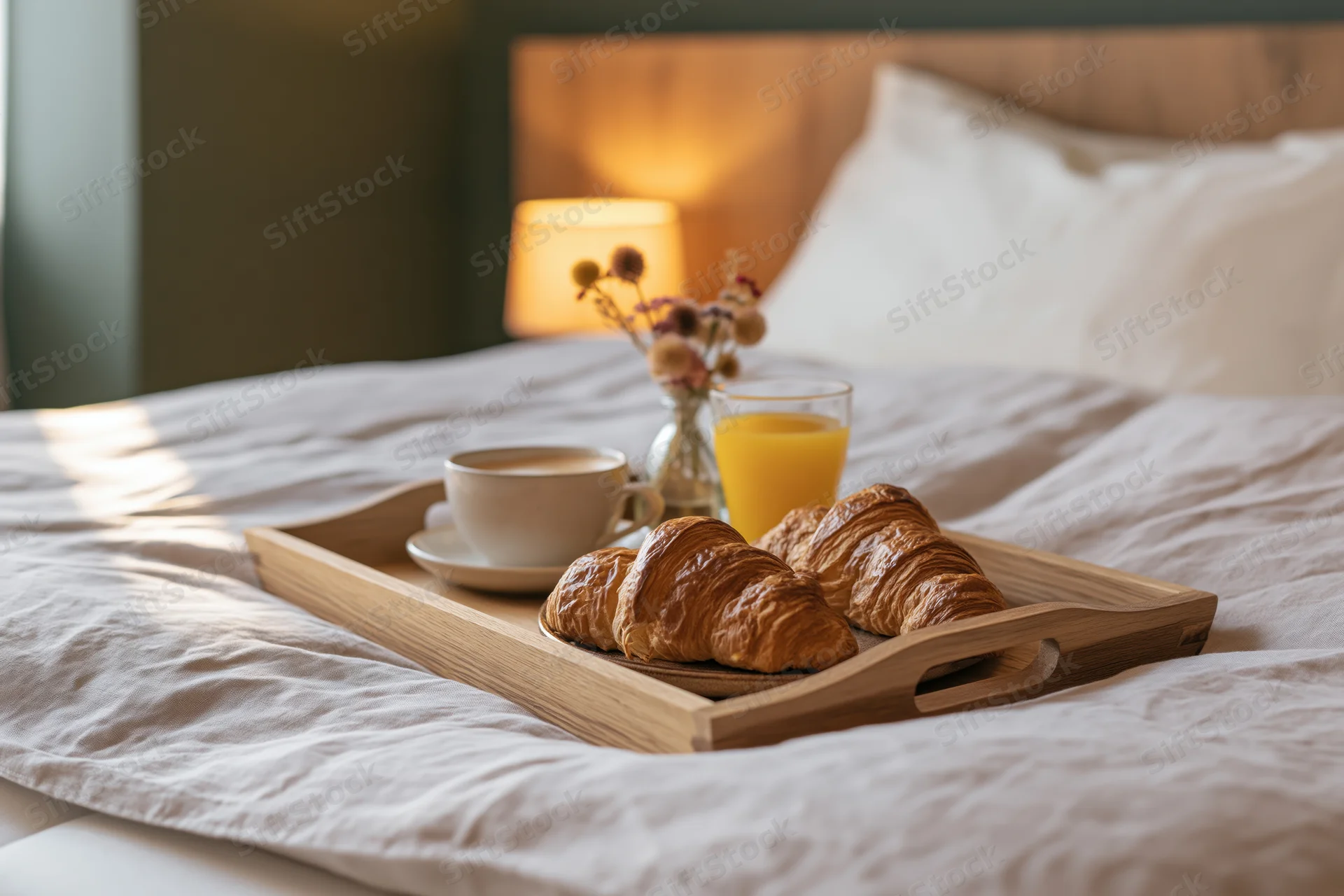 Wooden breakfast tray with croissants, coffee, and orange juice on a bed in a softly lit bedroom