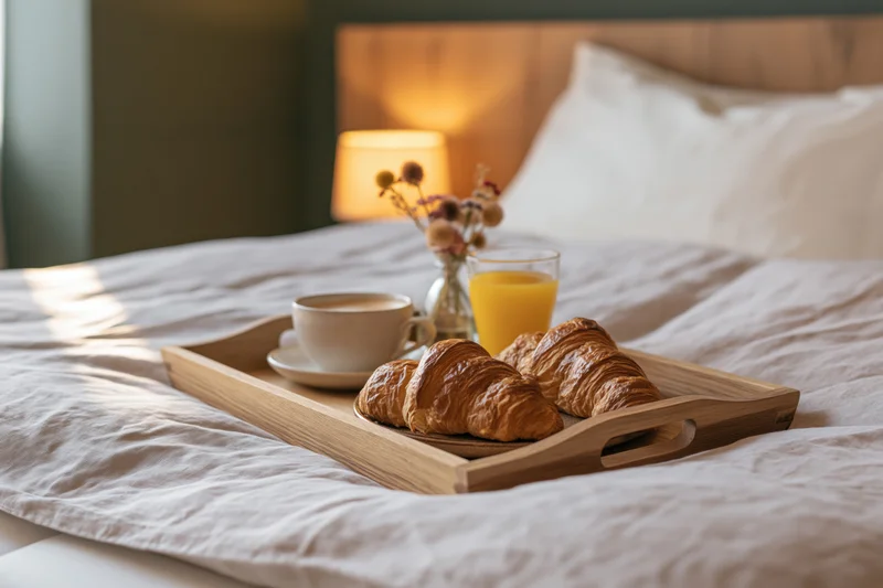 Wooden breakfast tray with croissants, coffee, and orange juice on a bed in a softly lit bedroom