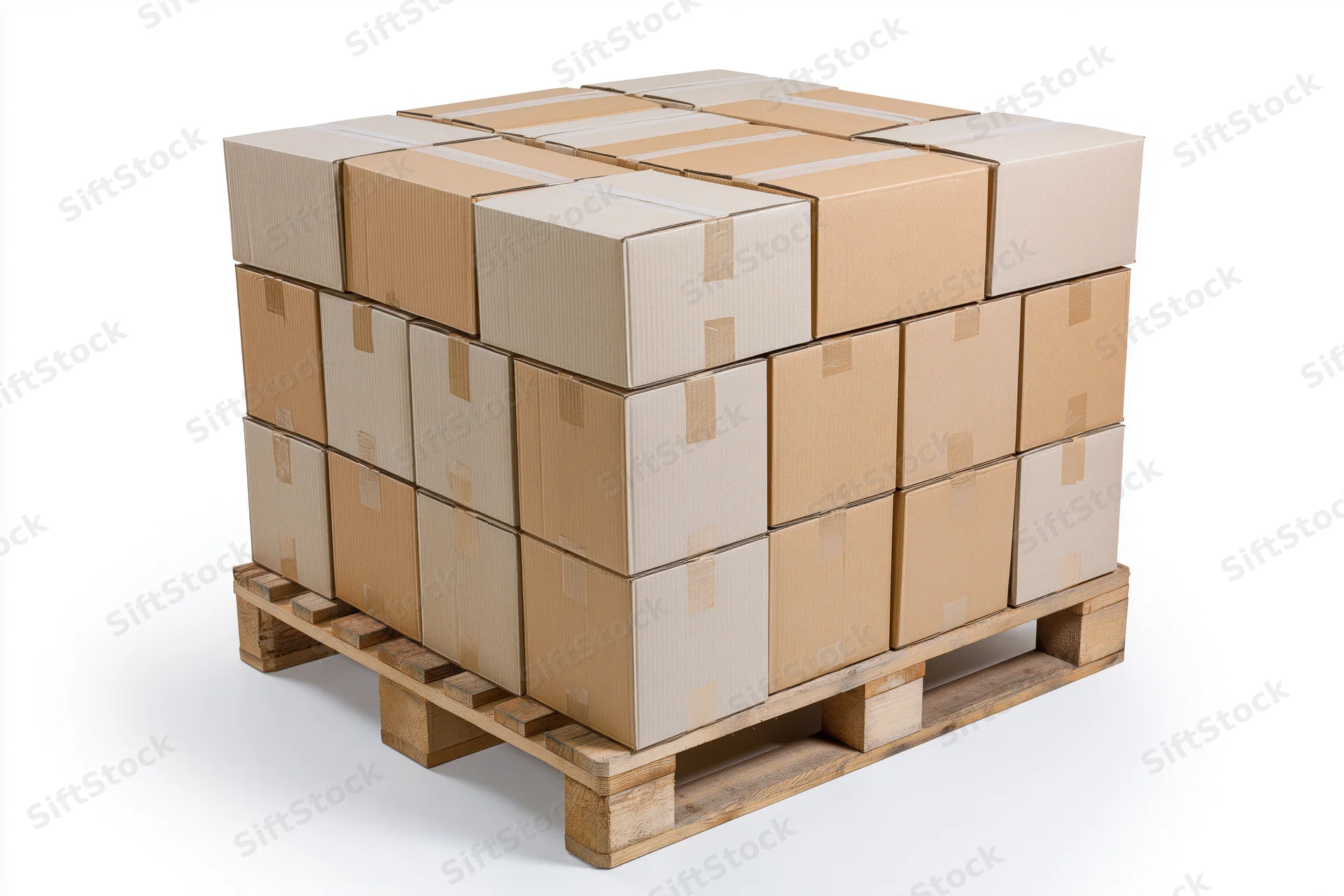 Stack of cardboard boxes on wooden shipping pallet isolated on white background