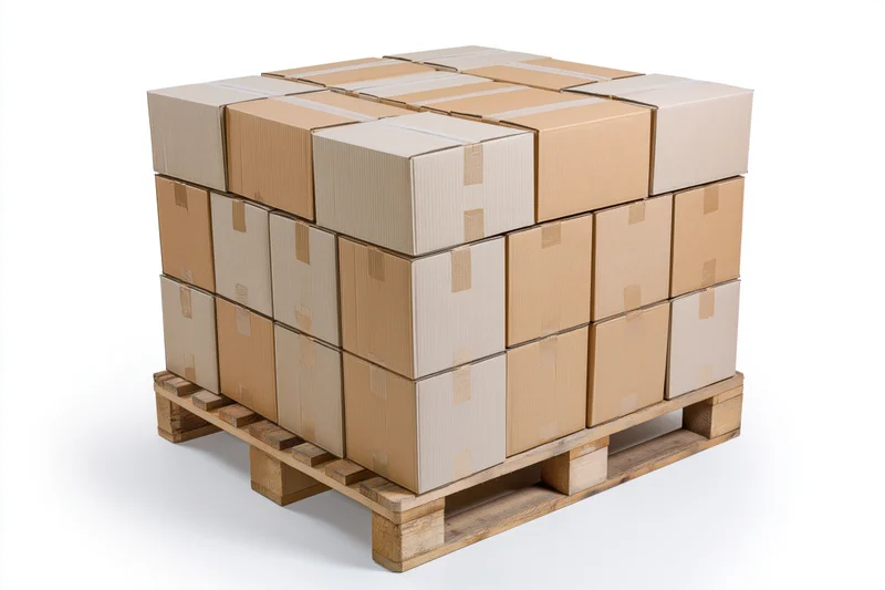 Stack of cardboard boxes on wooden shipping pallet isolated on white background