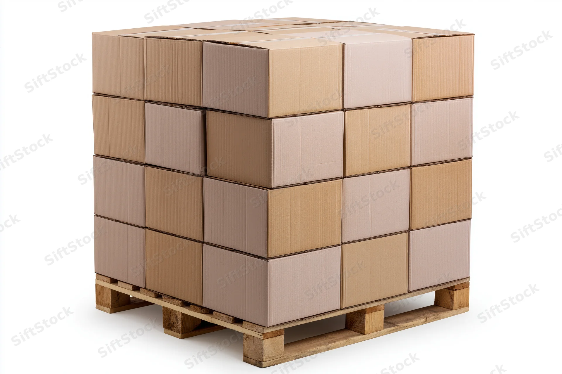 Stack of cardboard boxes on wooden shipping pallet isolated on white background