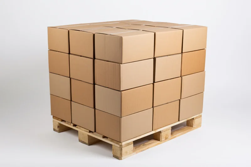 Stack of uniform cardboard boxes on a wooden shipping pallet against white background