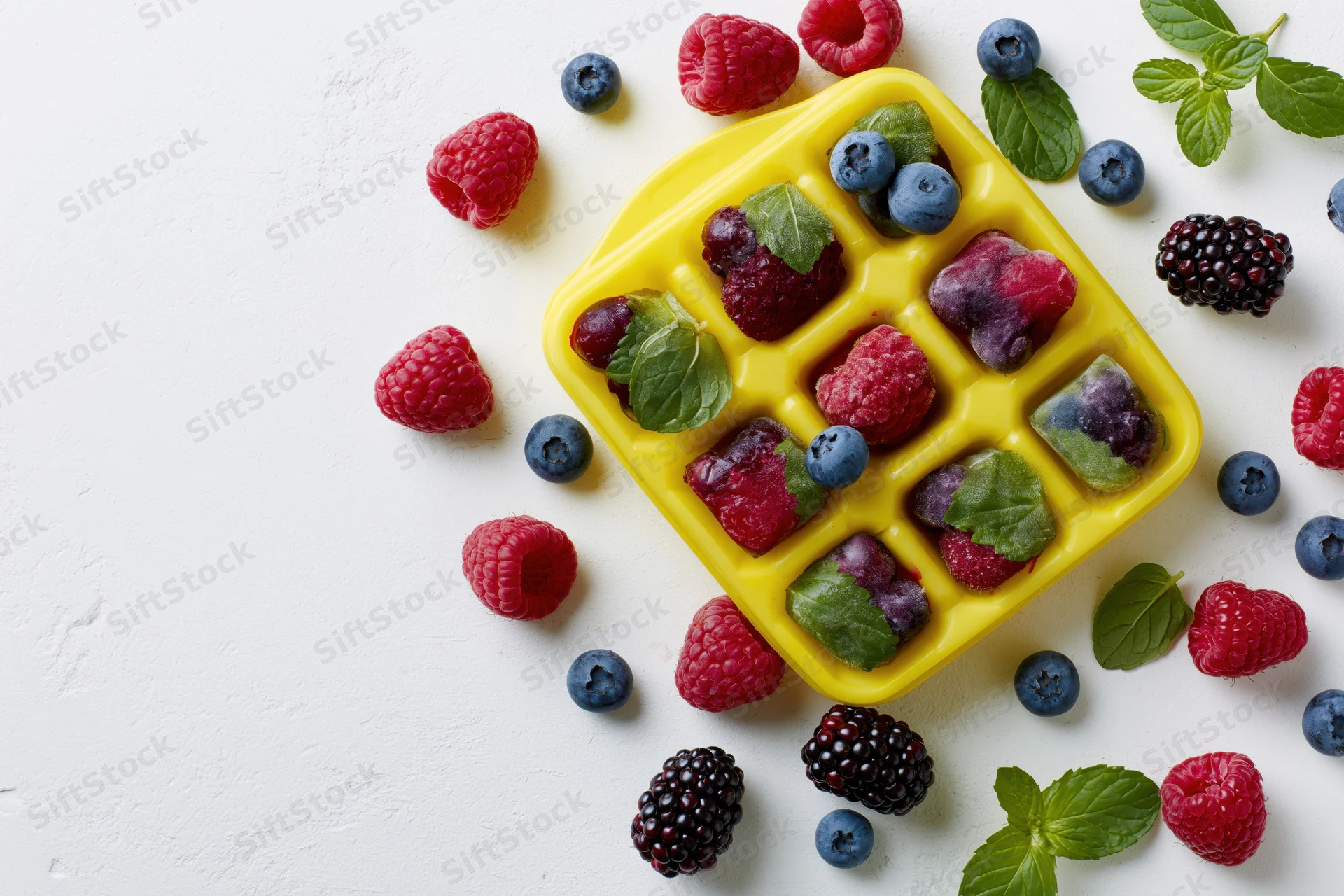 Frozen mixed berries in a yellow plastic ice cube tray on white surface with scattered fruit and mint leaves