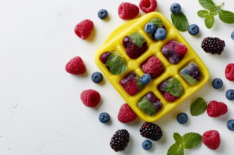 Frozen mixed berries in a yellow plastic ice cube tray on white surface with scattered fruit and mint leaves