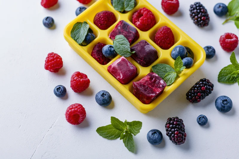 Frozen mixed berries in a yellow plastic ice cube tray surrounded by fresh berries and mint leaves on a white surface