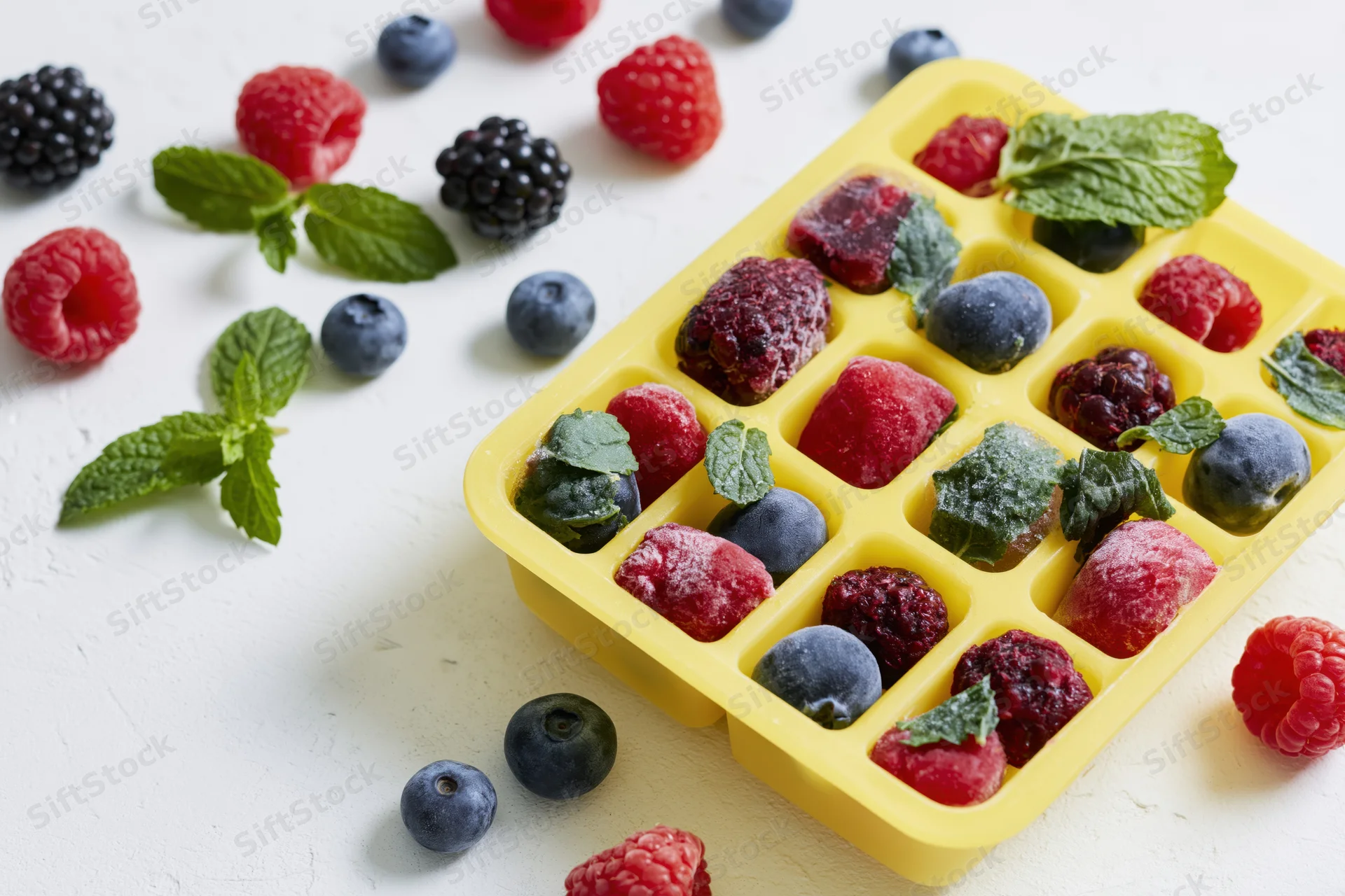 Frozen mixed berries in a yellow plastic ice cube tray on a white surface