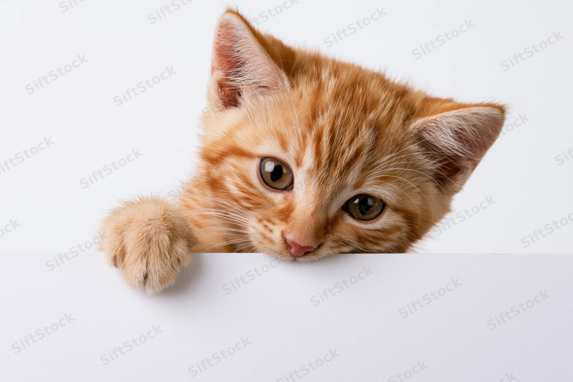 Orange tabby kitten peeking over white surface with paw resting on edge