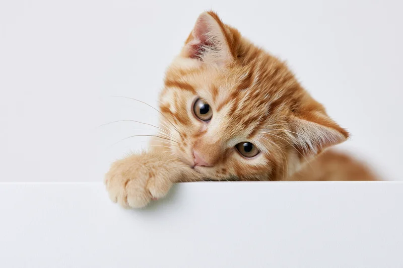 Orange tabby kitten peeking over white surface with paw resting on edge