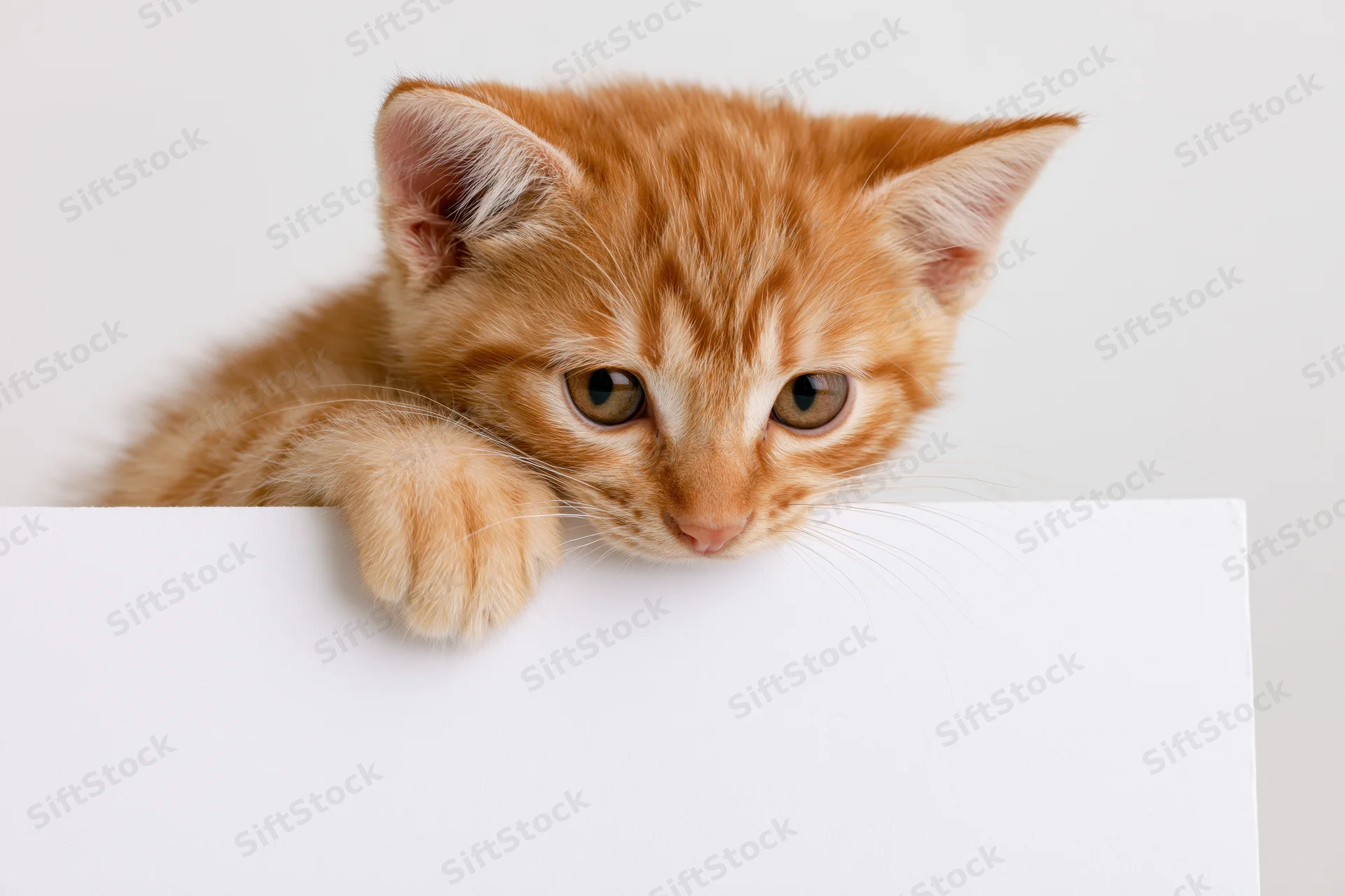 Orange tabby kitten peeking over white board with paw resting on edge