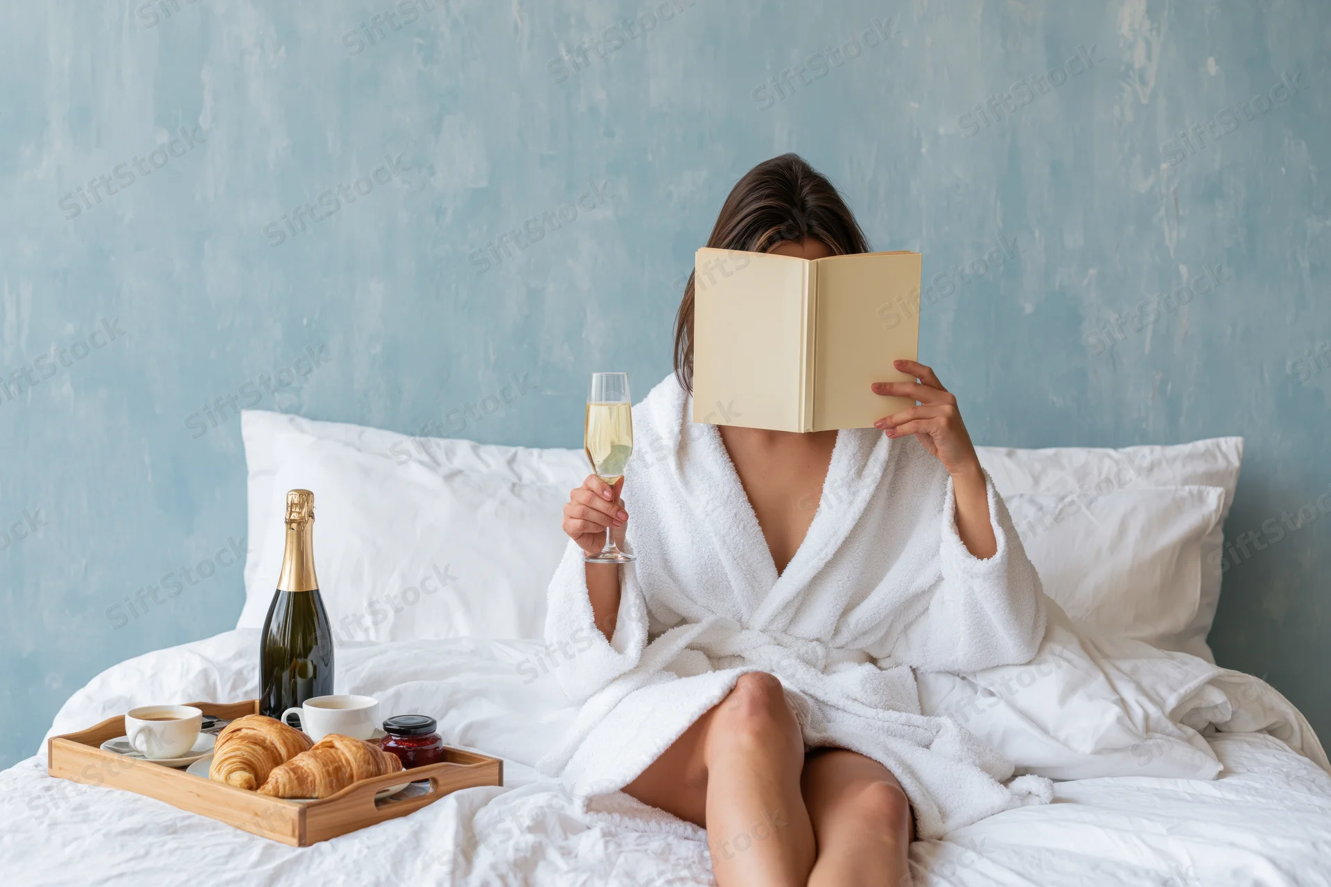 Woman in white bathrobe reading book in bed with breakfast tray and champagne